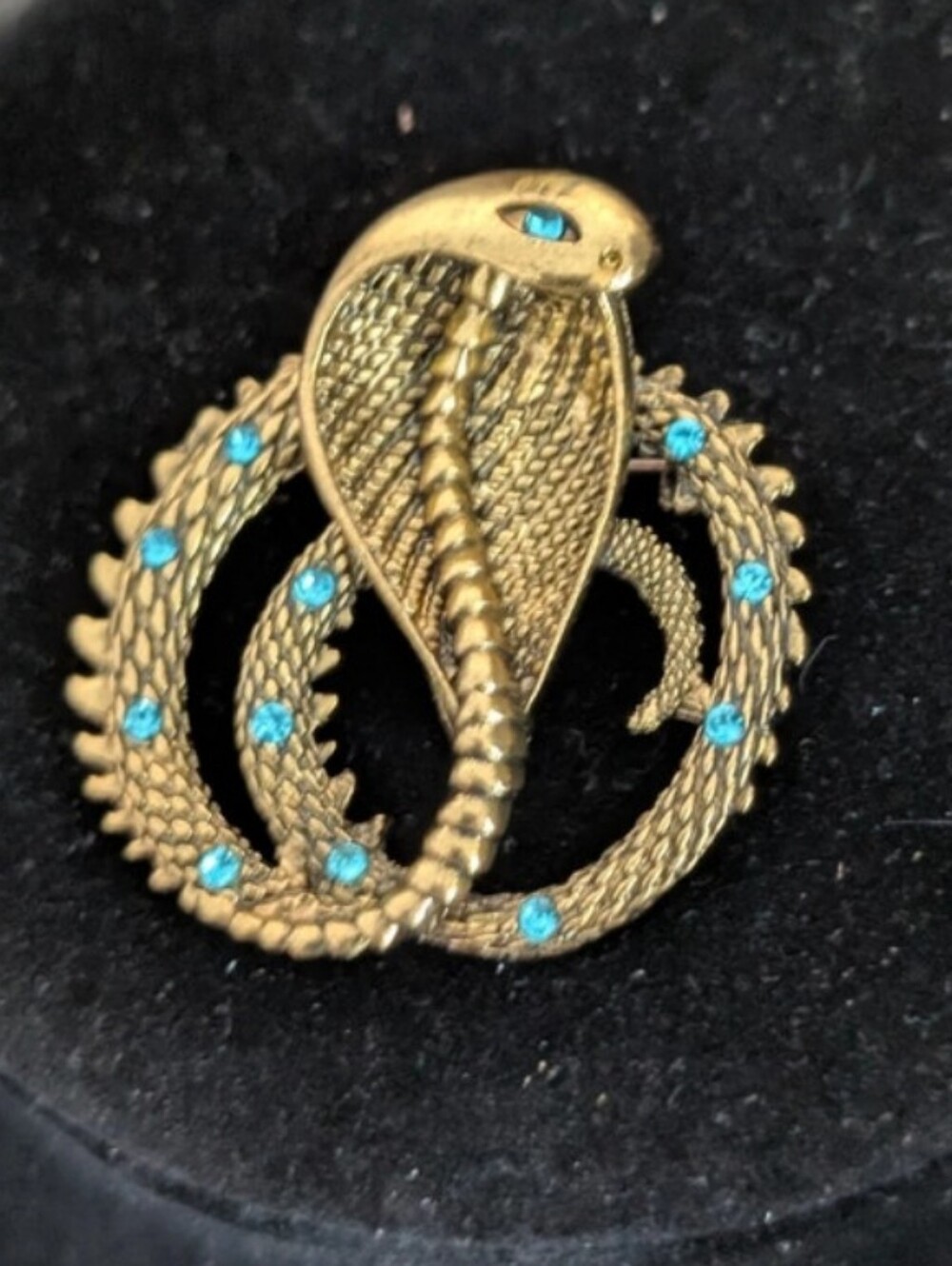 Snake Pin Cobra Goldtone Brooch Blue Stones